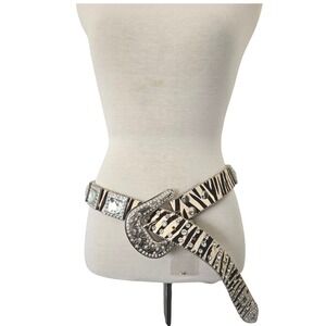 Y2K Rhinestone Zebra Print Belt Genuine Leather MK Buckle Western L